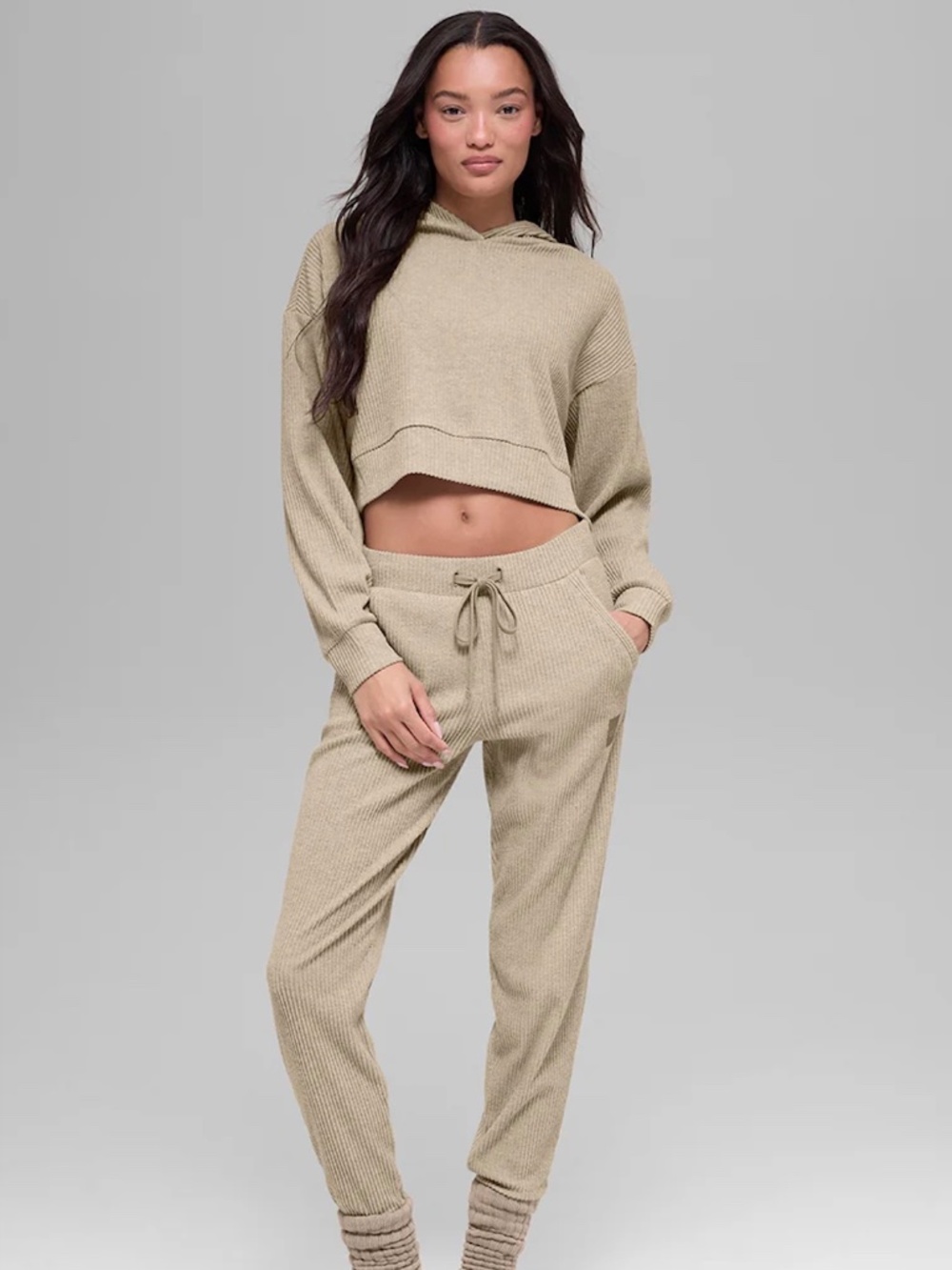 ALO Yoga Cropped Hooded Sweatshirt in Light Beige